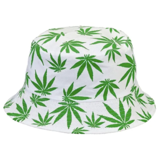 ★Bucket Hat w/ Green Hemp Leaf Print White バケットハット ホワイト/ブラック