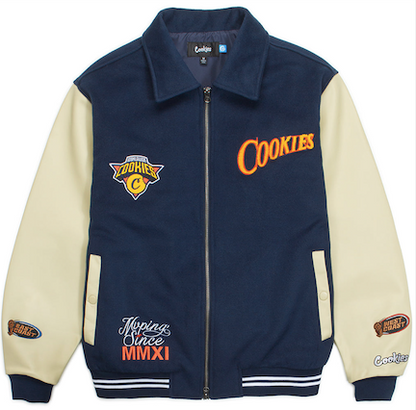 ★Cookies クッキーズ Full Clip Melton Wool Varsity Jacket ジャケット ダークブルー