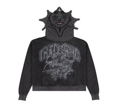 ★Glo Gang グロギャング GG Rhinestone Full Zip Hoodie (Vintage Wash Black) フーディ
