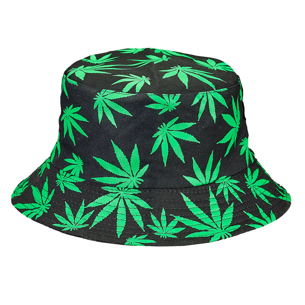 Bucket Hat w/ Green Hemp Leaf Print White バケットハット ホワイト/ブラック