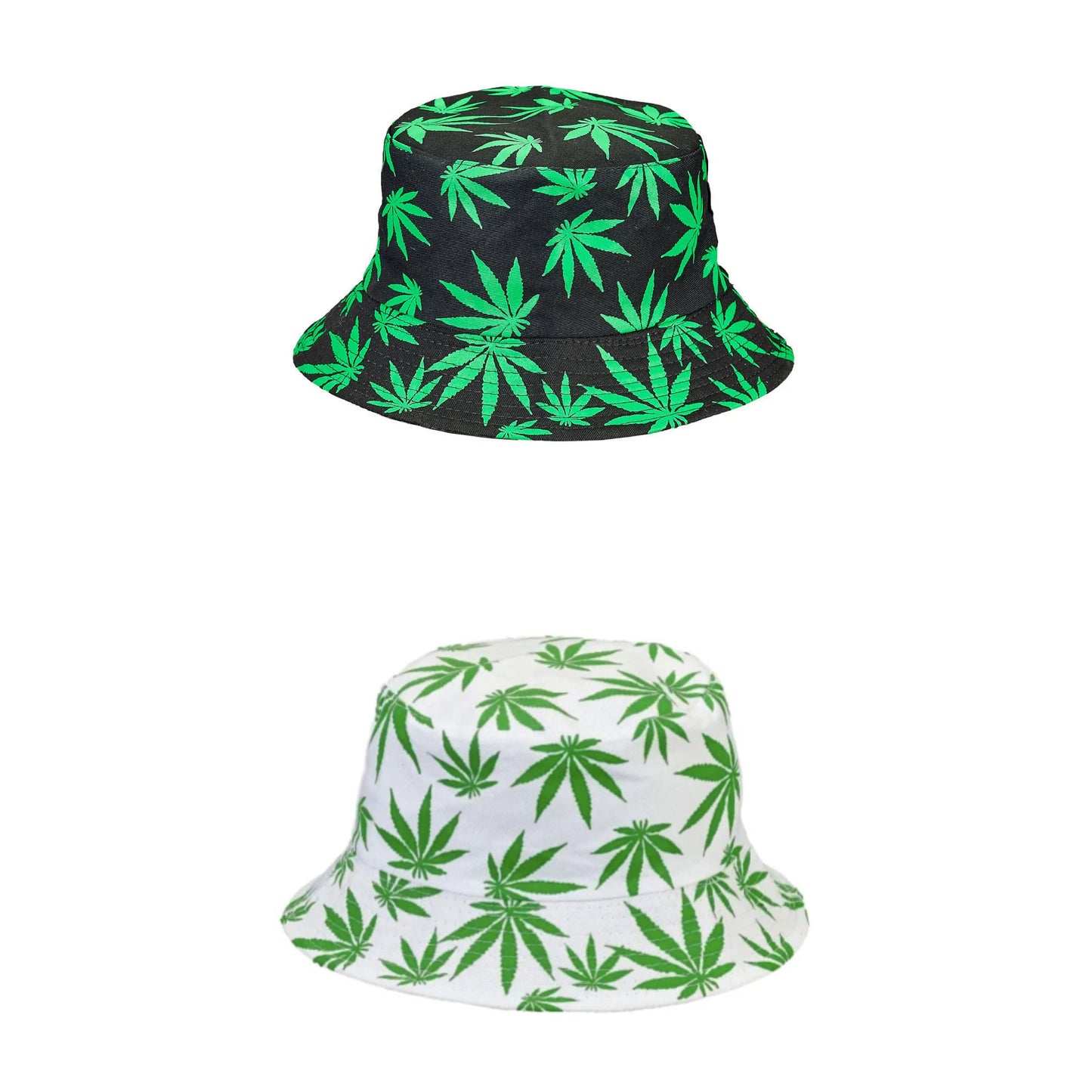 ★Bucket Hat w/ Green Hemp Leaf Print White バケットハット ホワイト/ブラック